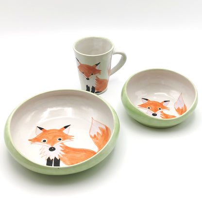 Kinder Geschirr Esshilfe Teller Schälchen Tasse Set "Eisenbahn - Fuchs - Fee"