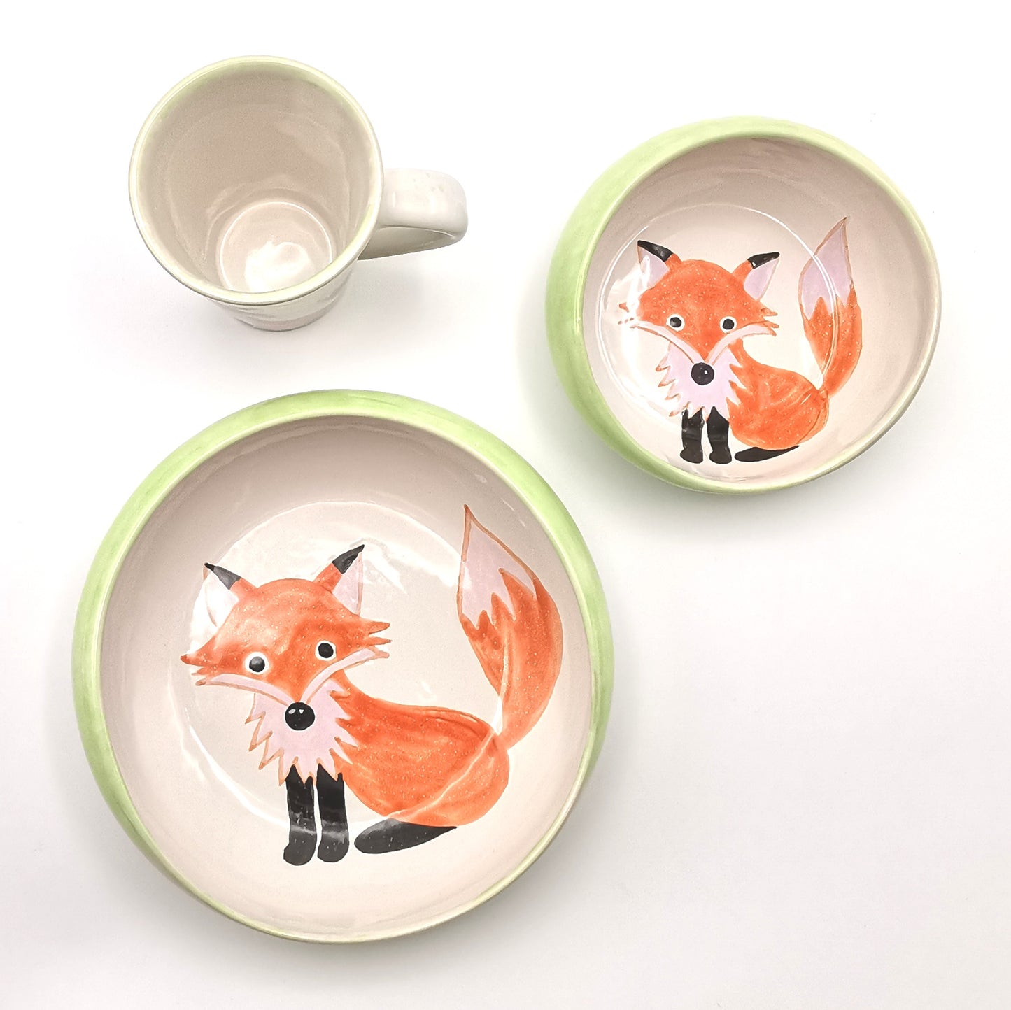 Kinder Geschirr Esshilfe Teller Schälchen Tasse Set "Eisenbahn - Fuchs - Fee"