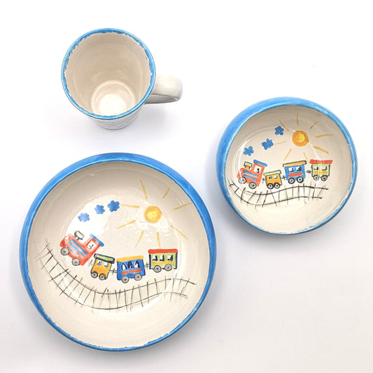 Kinder Geschirr Esshilfe Teller Schälchen Tasse Set "Eisenbahn - Fuchs - Marienkäfer"