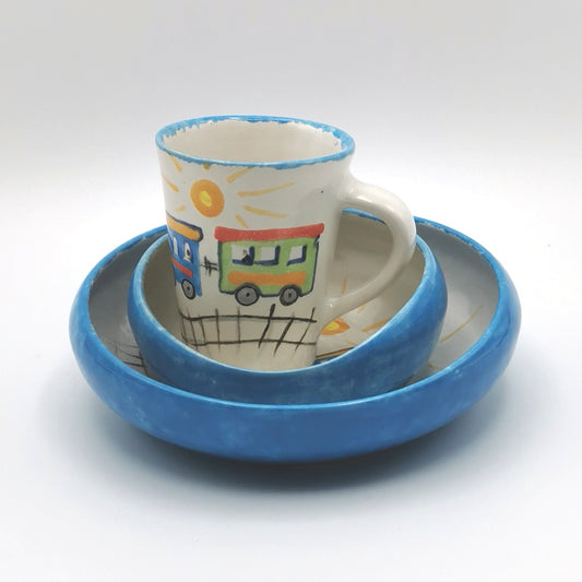 Kinder Geschirr Esshilfe Teller Schälchen Tasse Set "Eisenbahn - Fuchs - Marienkäfer"