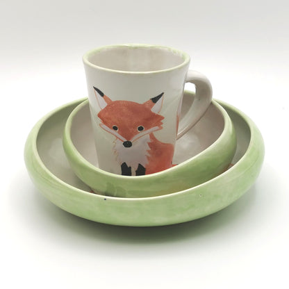 Kinder Geschirr Esshilfe Teller Schälchen Tasse Set "Eisenbahn - Fuchs - Fee"