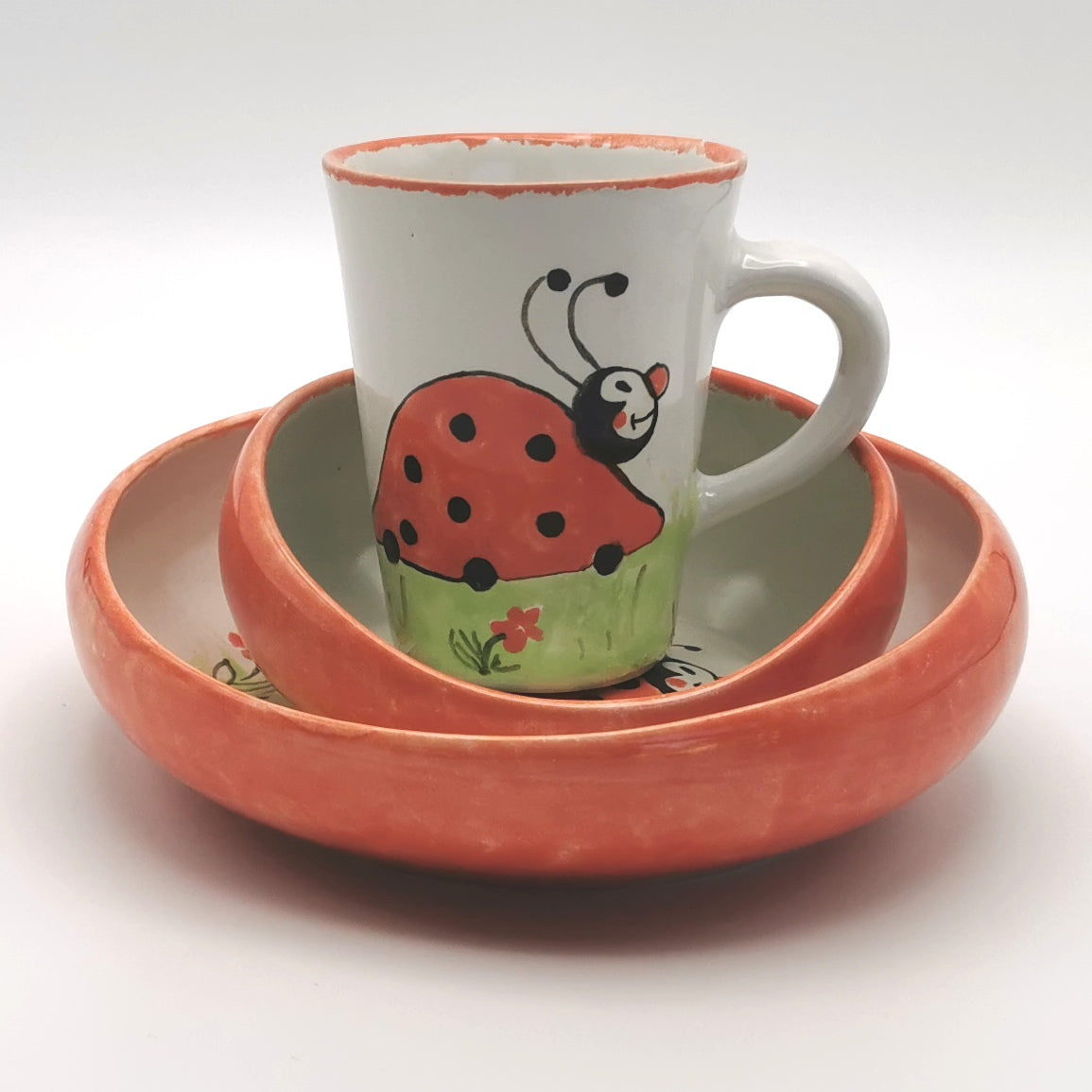 Kinder Geschirr Esshilfe Teller Schälchen Tasse Set "Eisenbahn - Fuchs - Marienkäfer"