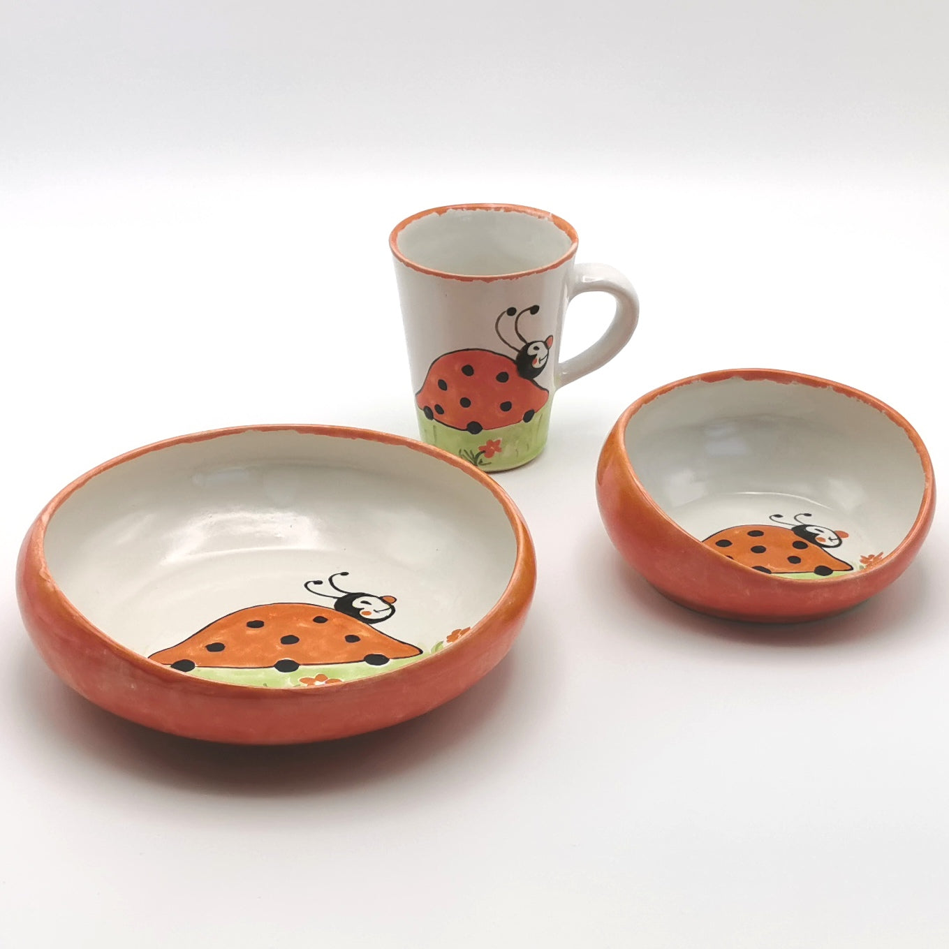 Kinder Geschirr Esshilfe Teller Schälchen Tasse Set "Eisenbahn - Fuchs - Marienkäfer"