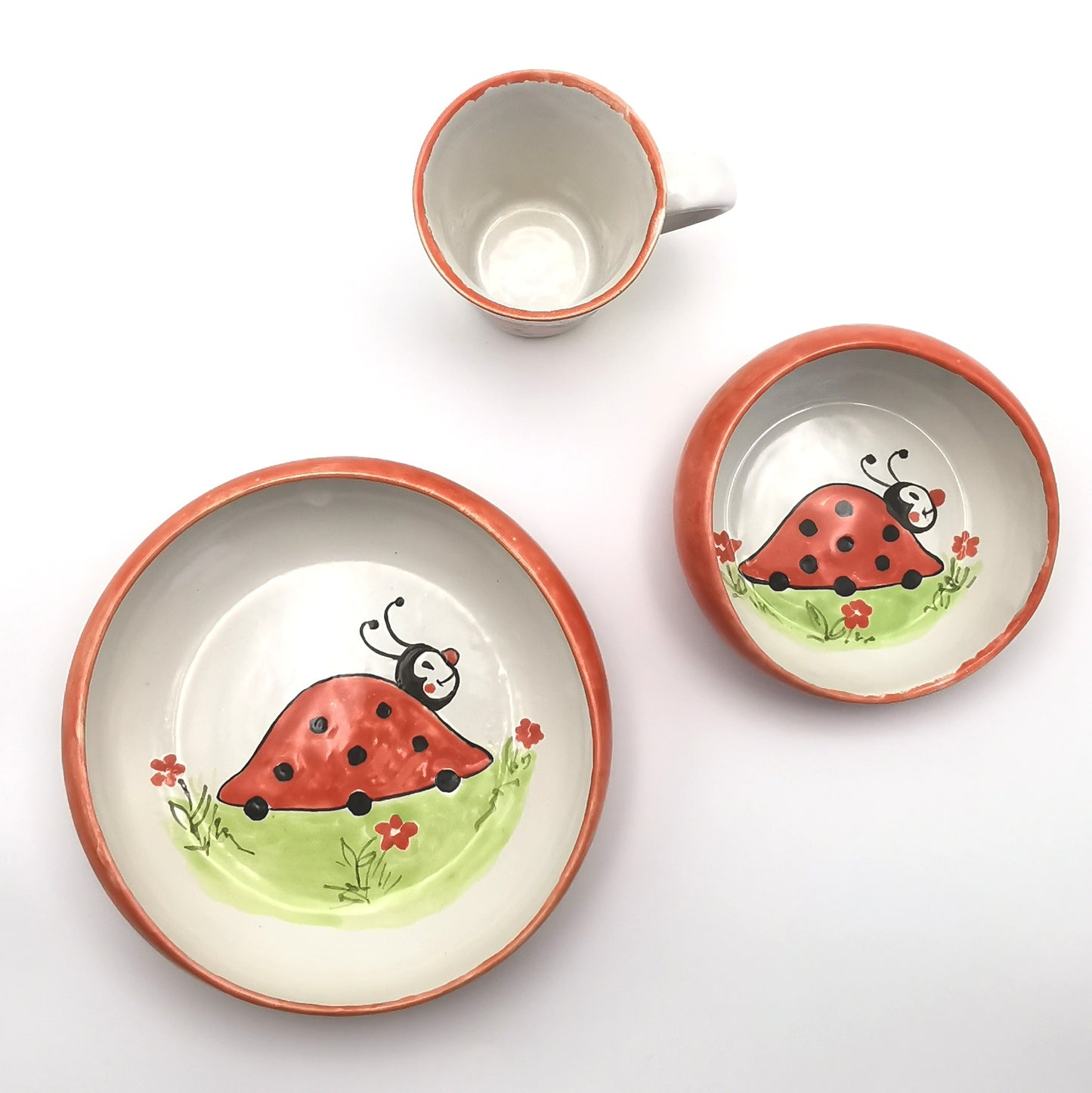 Kinder Geschirr Esshilfe Teller Schälchen Tasse Set "Eisenbahn - Fuchs - Marienkäfer"